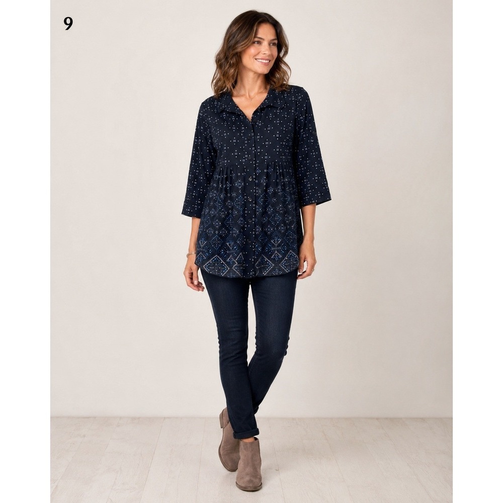 Style & Co Button Front Shirt Womens Small Petite Black Blue Nylon Semi-Sheer